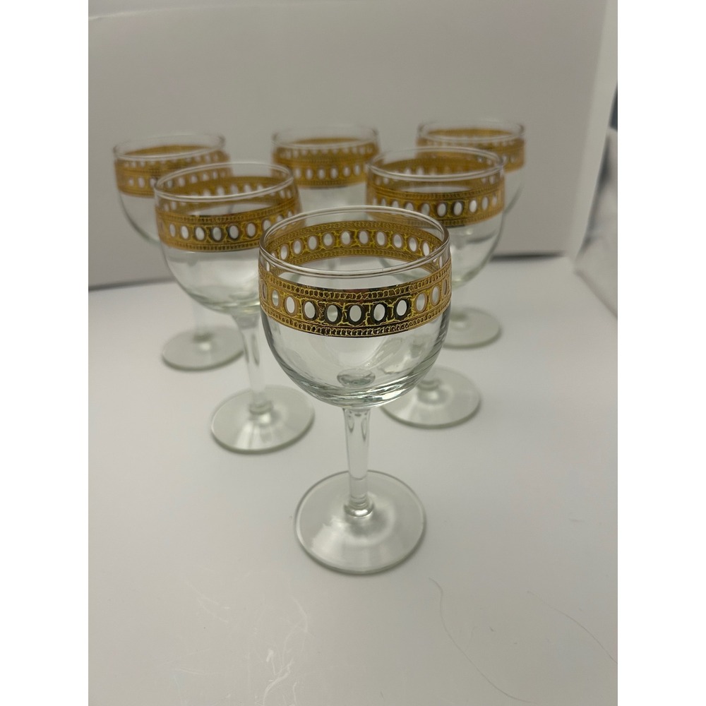 22 kt Gold Trim Wine Glasses Mid-Century Barware (6) Six Pristine Culver Antigua